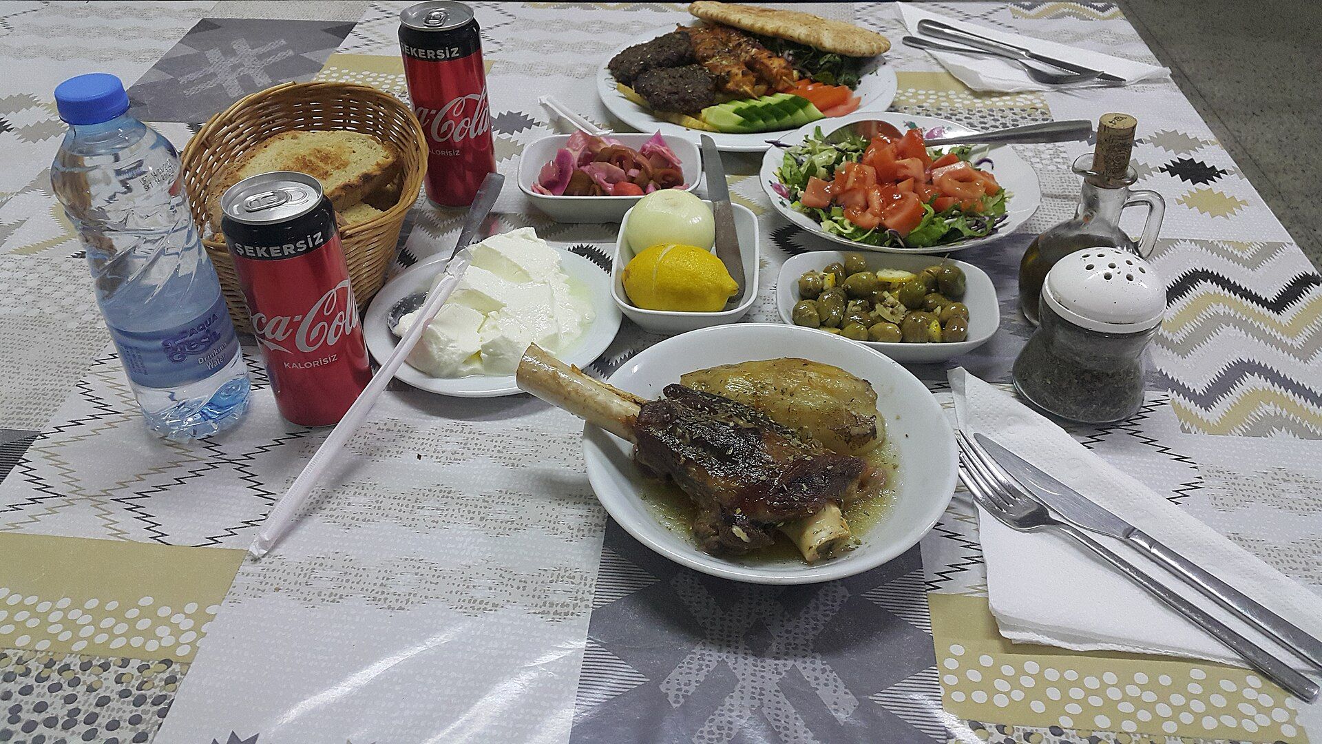 A table laid with Cypriot meze — a spread of small plates
