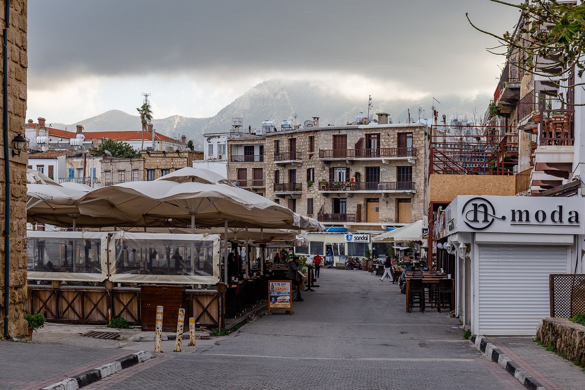 A street in central Kyrenia with shops and cafes
